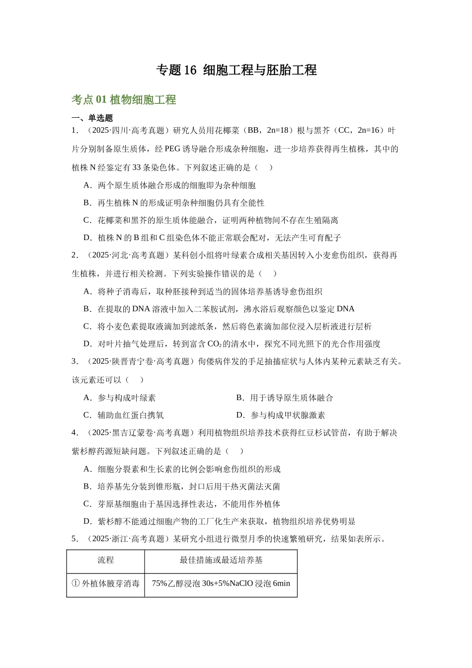专题16 细胞工程与胚胎工程(原卷版).docx_第1页