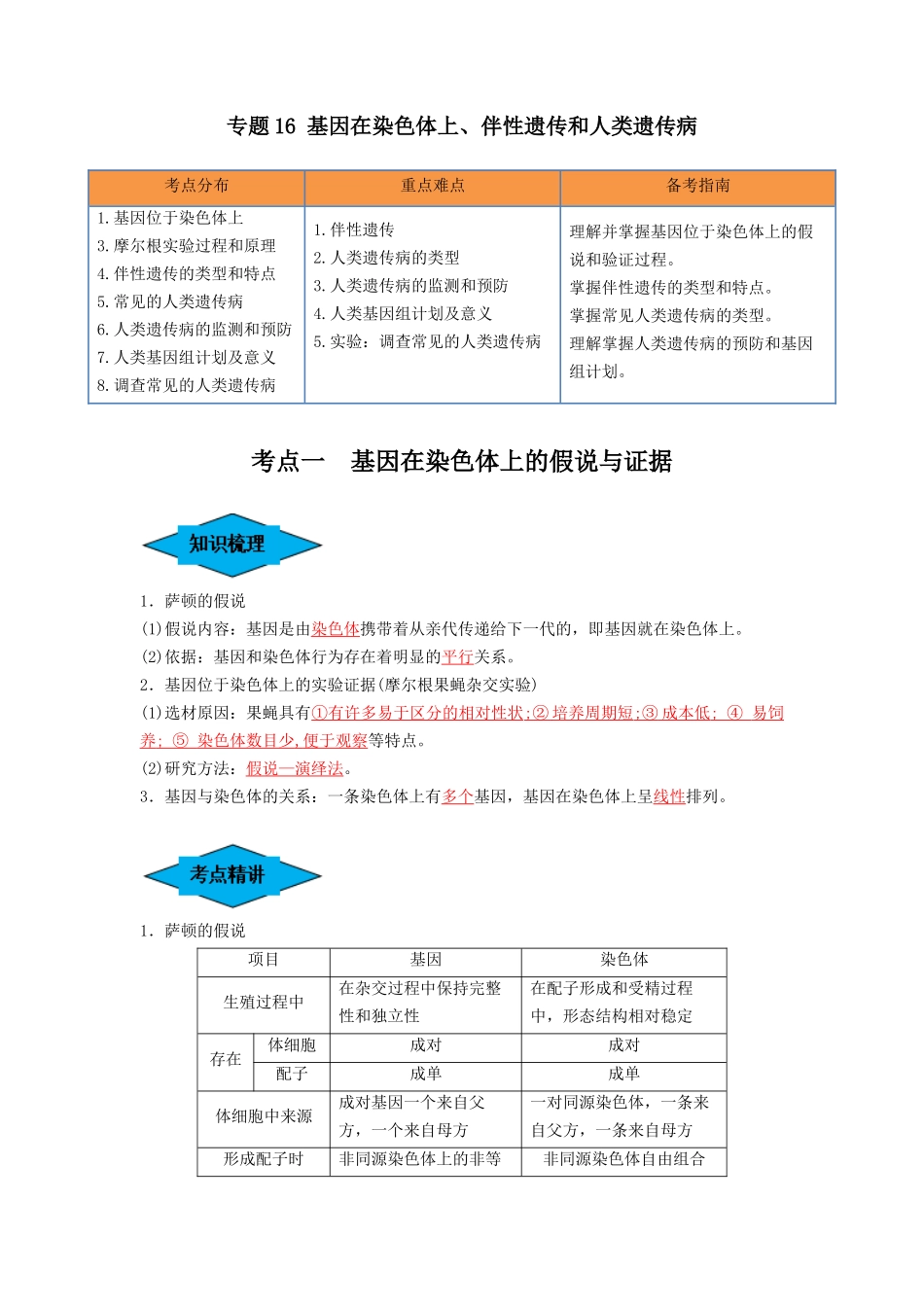 专题16 基因在染色体上、伴性遗传和人类遗传病（串讲）（解析版）.docx_第1页