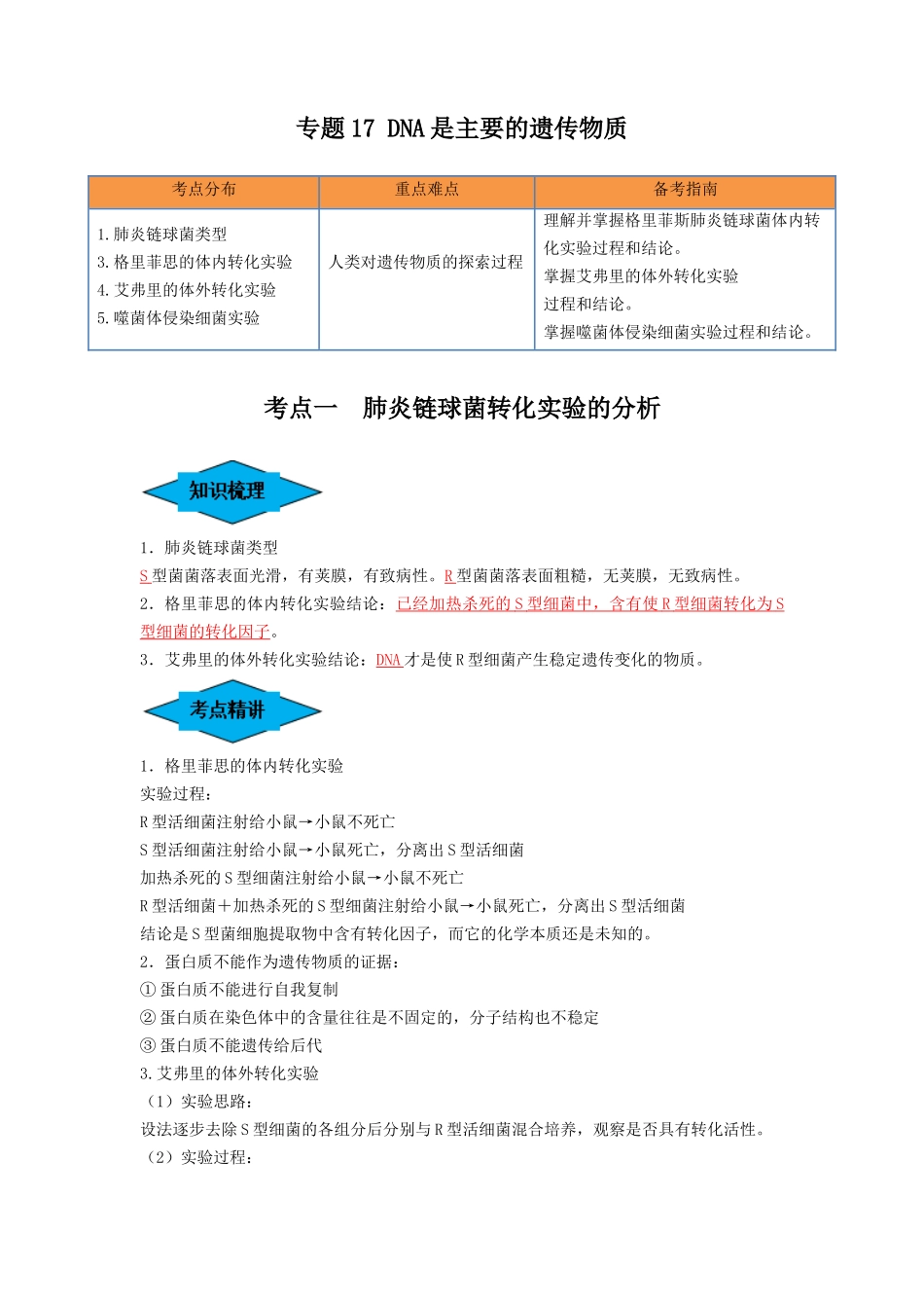 专题17 DNA是主要的遗传物质（串讲）（解析版）.docx_第1页