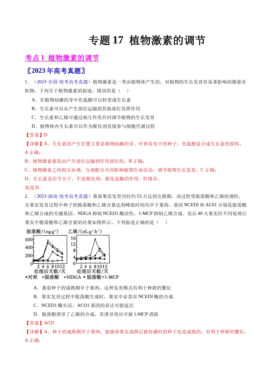 专题17 植物激素的调节- 五年（2019-2023）高考生物真题分项汇编（全国通用）（教师版）.docx_第1页
