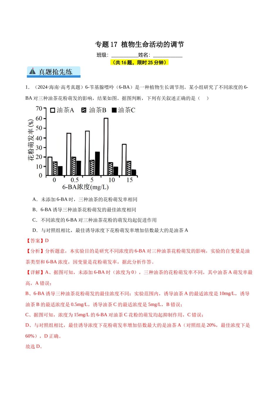 专题17 植物生命活动的调节(教师版).docx_第1页
