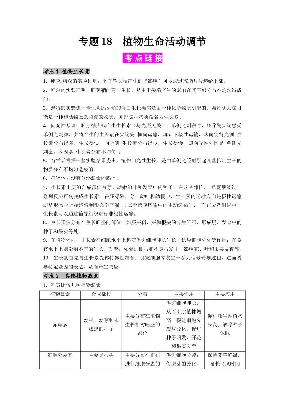 专题18 植物生命活动调节（原卷版） .docx_第1页