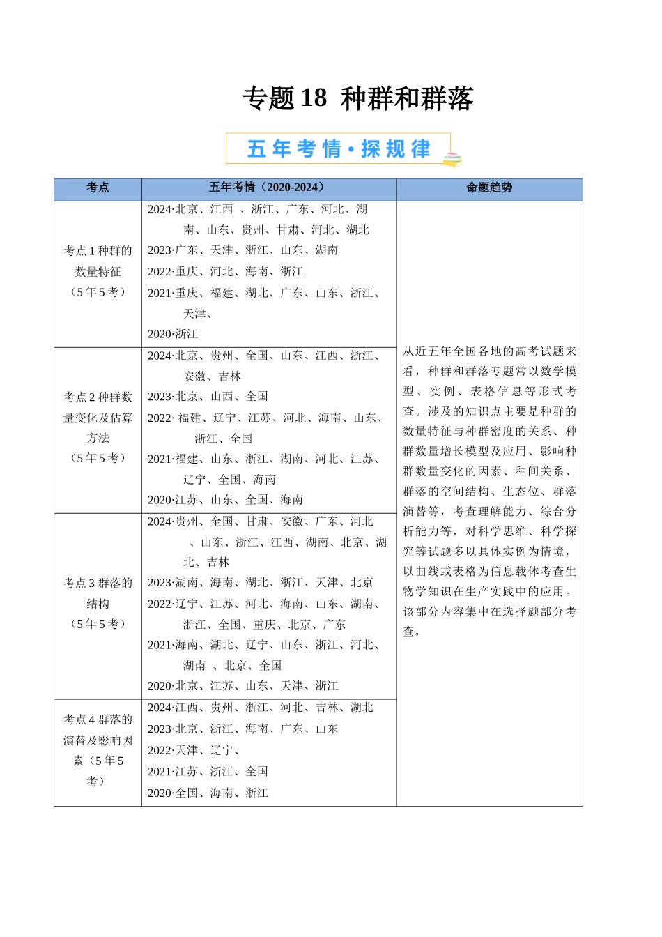 专题18 种群和群落（全国通用）（原卷版）.docx_第1页