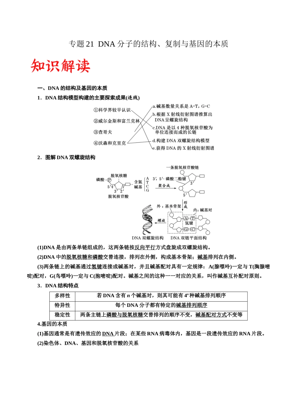 专题21 DNA分子的结构、复制与基因的本质（原卷版) .docx_第1页