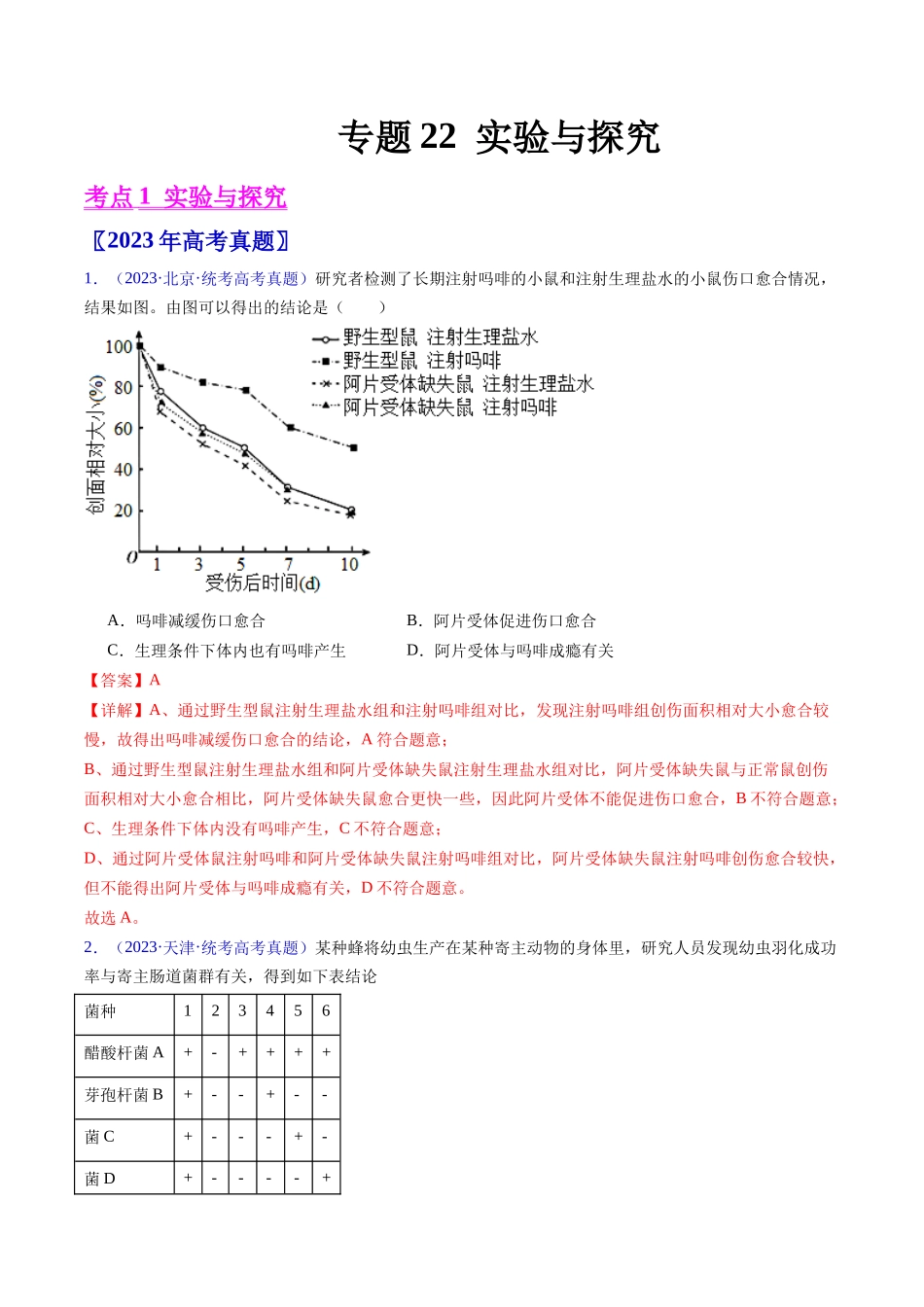 专题22 实验与探究-五年(2019-2023)高考生物真题分项汇编(全国通用)(教师版).docx_第1页