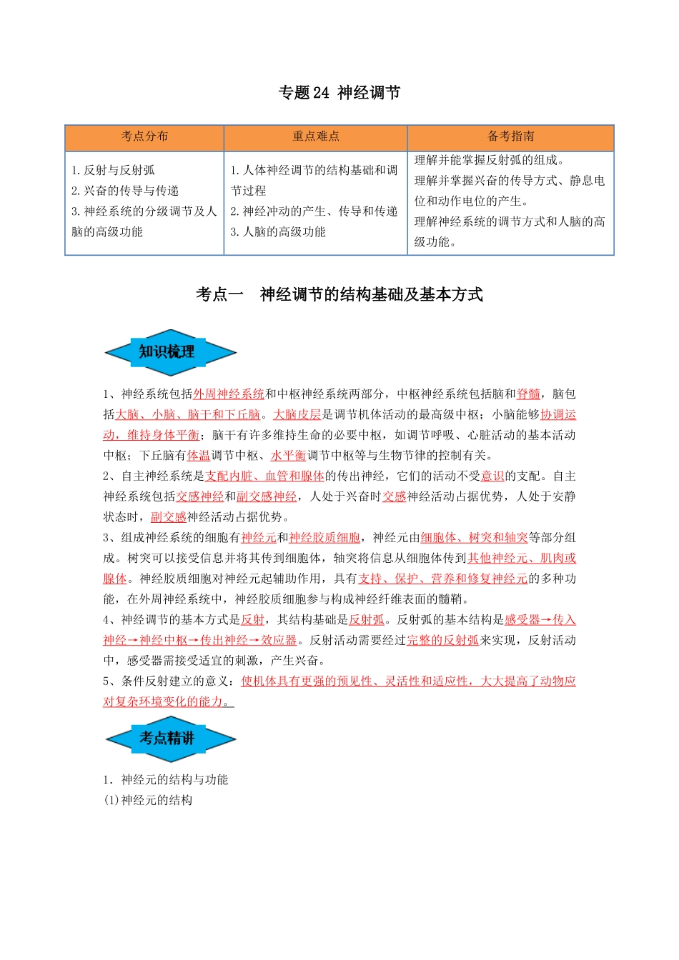 专题24 神经调节(串讲)(解析版).docx_第1页