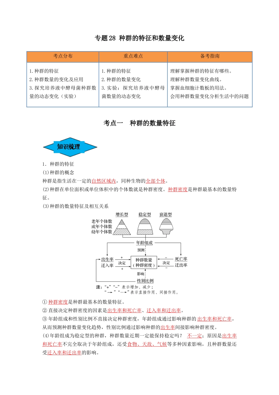 专题28 种群的特征和数量变化(串讲)(解析版).docx_第1页