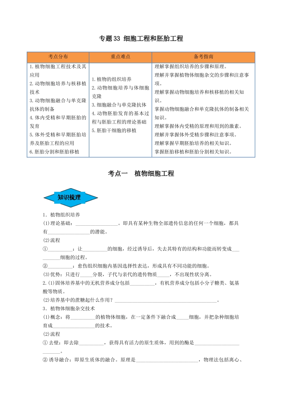 专题33 细胞工程和胚胎工程(串讲)(原卷版).docx_第1页
