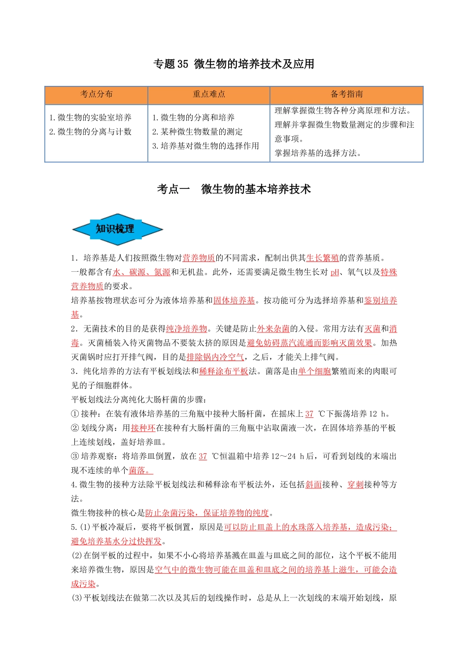 专题35 微生物的培养技术及应用(串讲)(解析版).docx_第1页