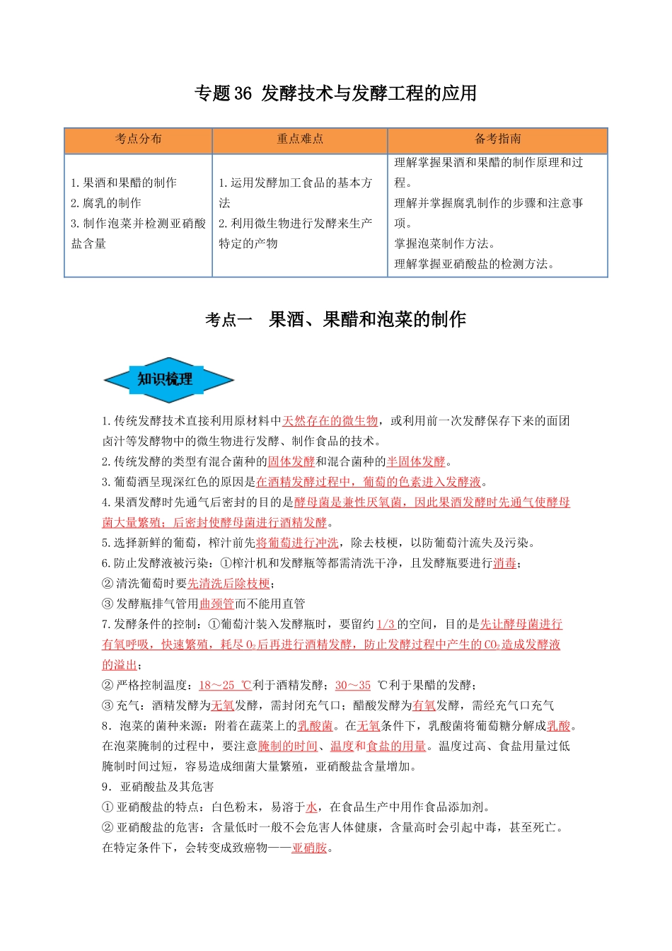 专题36 发酵技术与发酵工程的应用(串讲)(解析版).docx_第1页