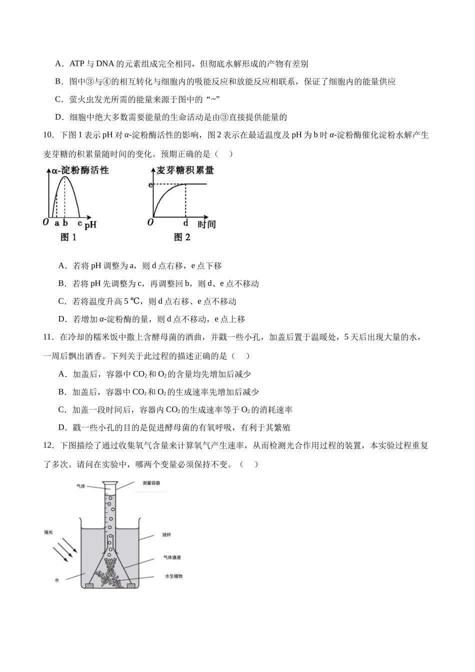 专题二 细胞的能量供应和利用（测试）（原卷版）.docx_第3页