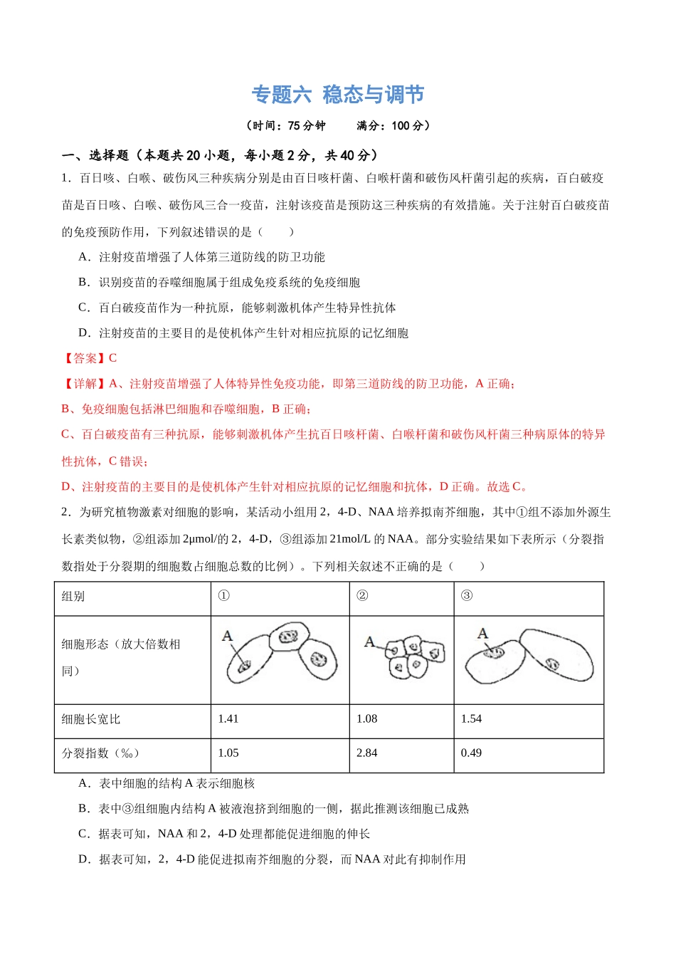 专题六 稳态与调节（测试）（解析版）.docx_第1页