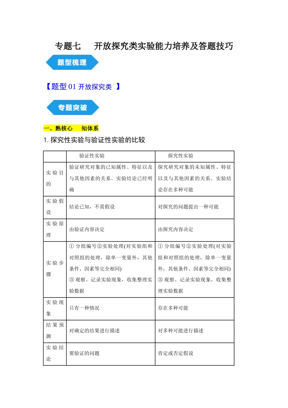 专题七 开放探究类实验能力培养及答题技巧(原卷版).docx_第1页