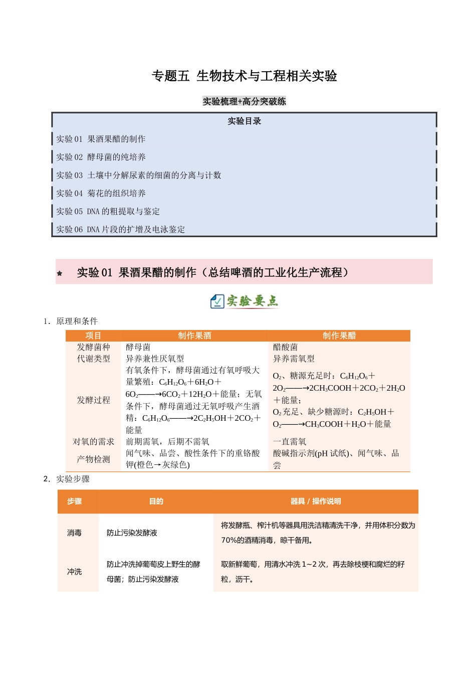 专题五 生物技术与工程相关实验（6大常考实验）（原卷版）.docx_第1页