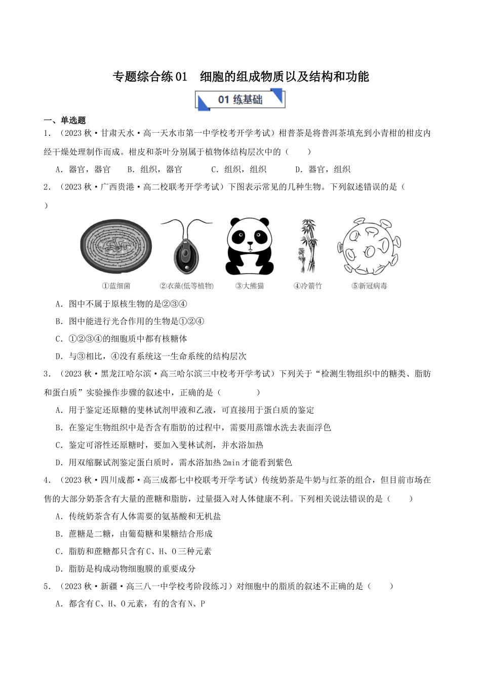 专题综合练01 细胞的组成物质以及结构和功能 (原卷版) .docx_第1页