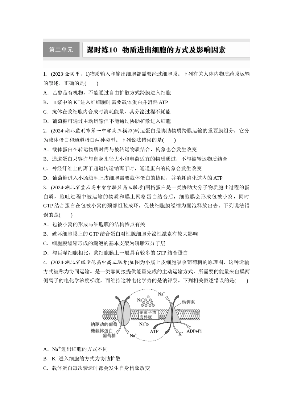 第二单元 课时练10 物质进出细胞的方式及影响因素.docx_第1页