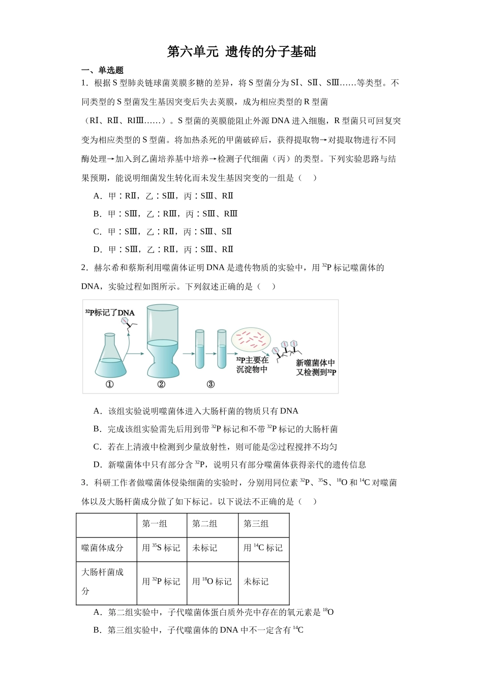 第六单元 遗传的分子基础（测试卷）（原卷版).docx_第1页