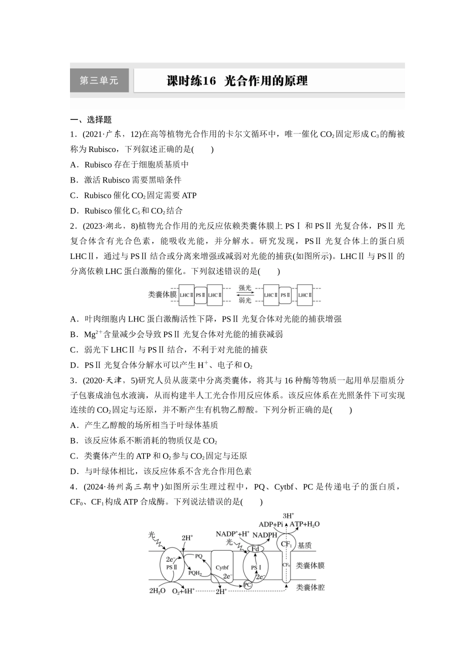 第三单元 课时练16 光合作用的原理.docx_第1页