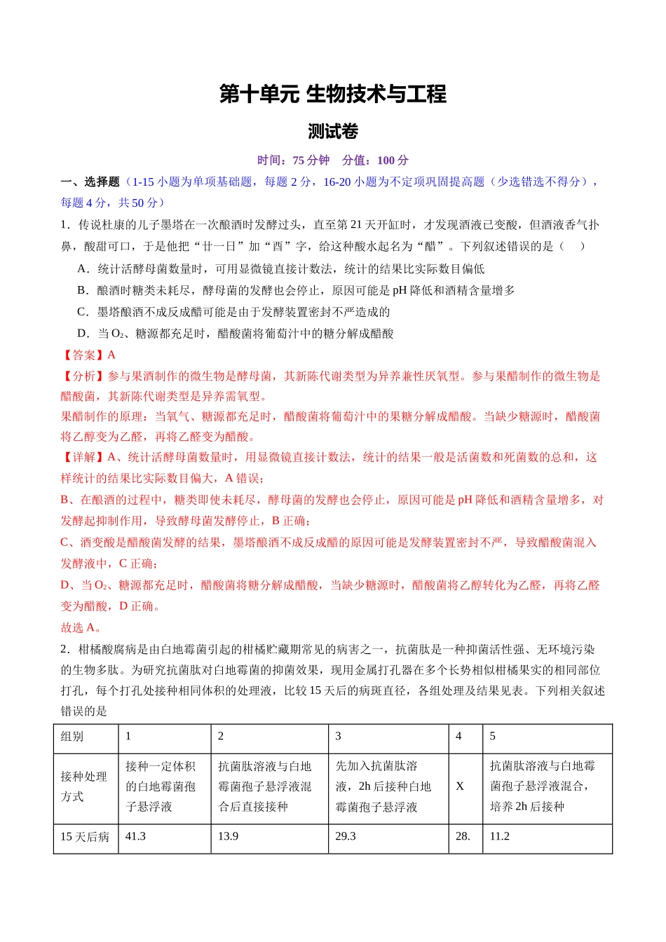 第十单元 生物技术与工程（测试）（教师版）.docx_第1页