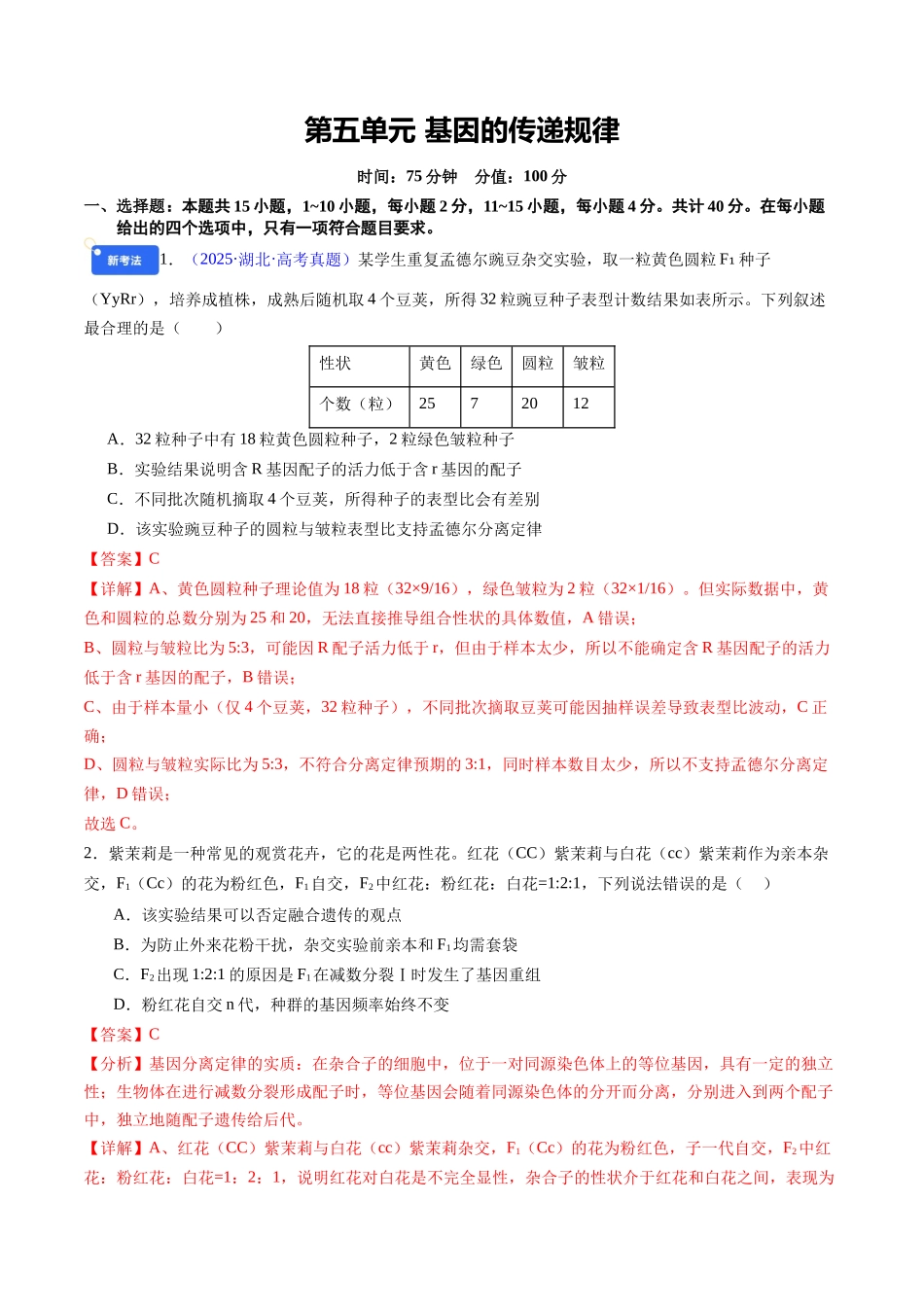 第五单元 基因的传递规律(综合训练)(福建专用)(教师版).docx_第1页