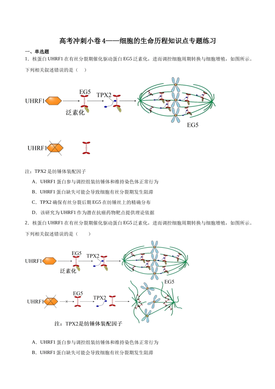 高考冲刺小卷4-细胞的生命历程知识点专题练习 (原卷版) .docx_第1页