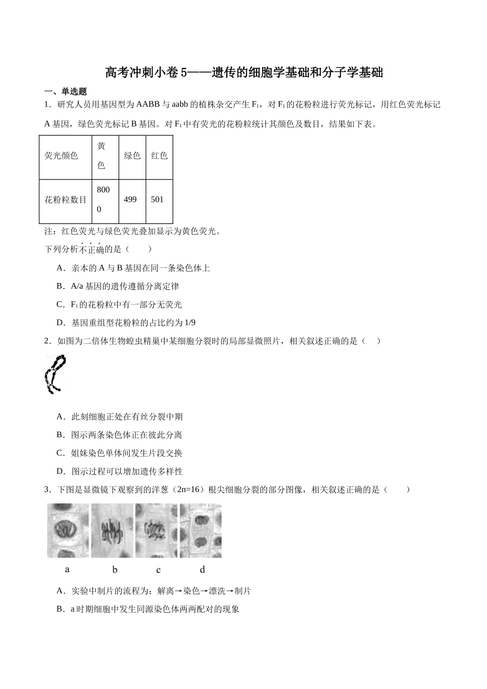 高考冲刺小卷5-遗传的细胞学基础和分子学基础知识点专项练习（原卷版）   .docx_第1页