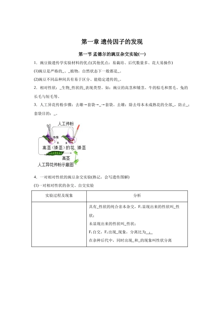 高中生物微专题-必修二知识填空-第1章 第1节 孟德尔的豌豆杂交实验(1).docx_第1页