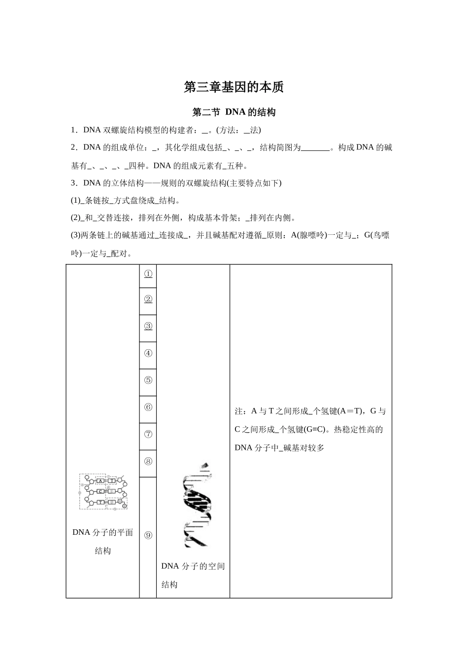 高中生物微专题-必修二知识填空-第3章 第2节 DNA的结构.docx_第1页