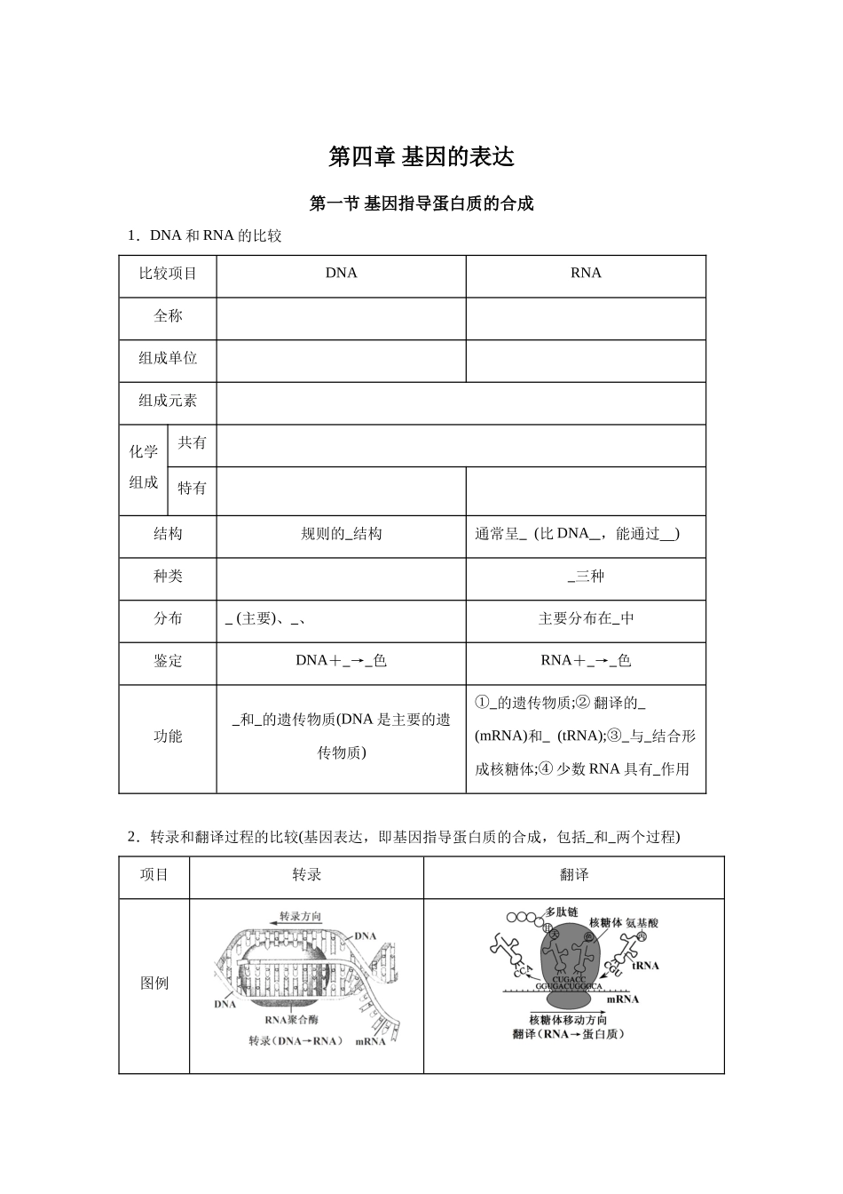 高中生物微专题-必修二知识填空-第4章 第1节 基因指导蛋白质的合成.docx_第1页