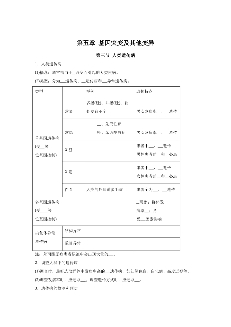 高中生物微专题-必修二知识填空-第5章 第3节 人类遗传病.docx_第1页