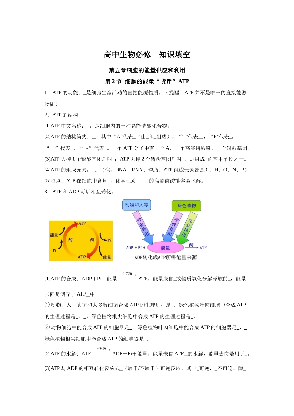 高中生物微专题-必修一知识填空-第5章 第2节 细胞的能量“货币”ATP.docx_第1页