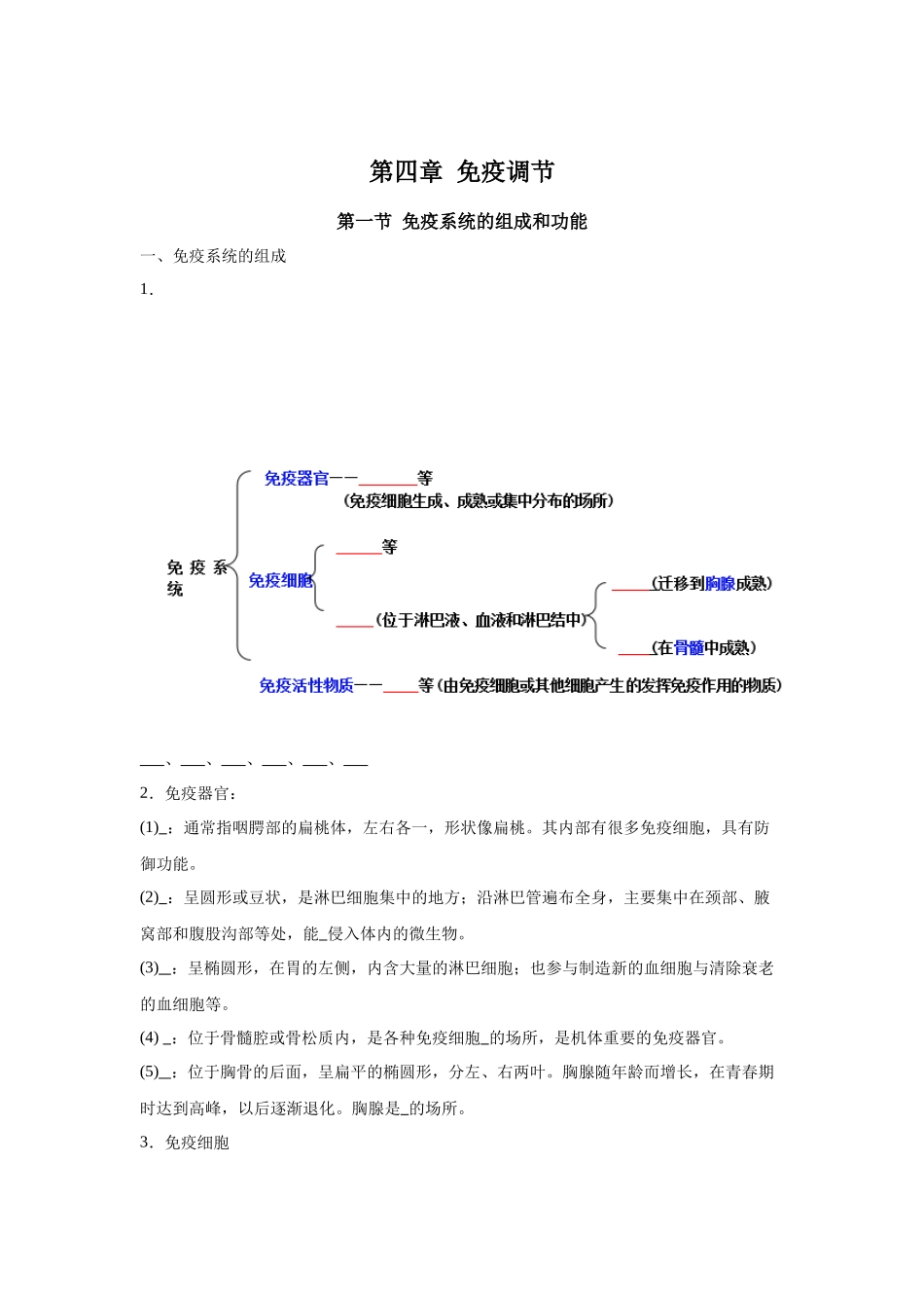 高中生物微专题-选必一知识填空-第4章 第1节 免疫系统的组成和功能.docx_第1页