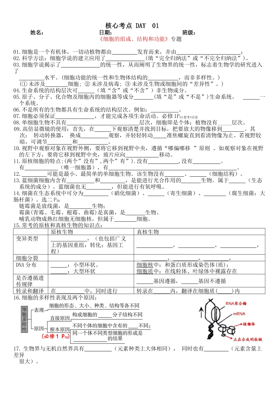 核心考点 DAY 01-细胞的组成、结构 和功能(填空版).docx_第1页