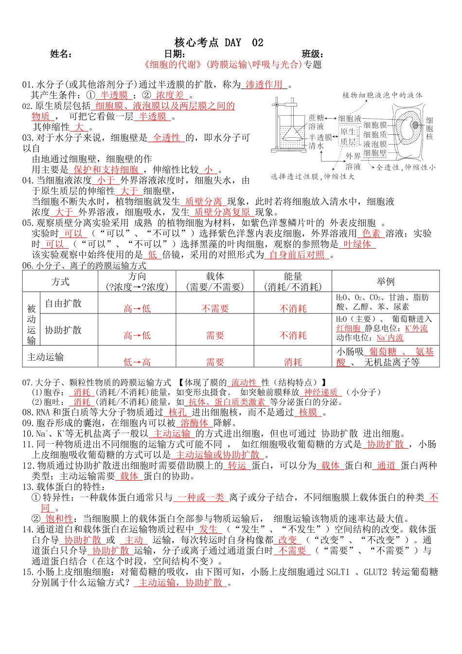 核心考点 DAY 02-细胞代谢(跨膜运输、光合与呼吸)(答案版).docx_第1页