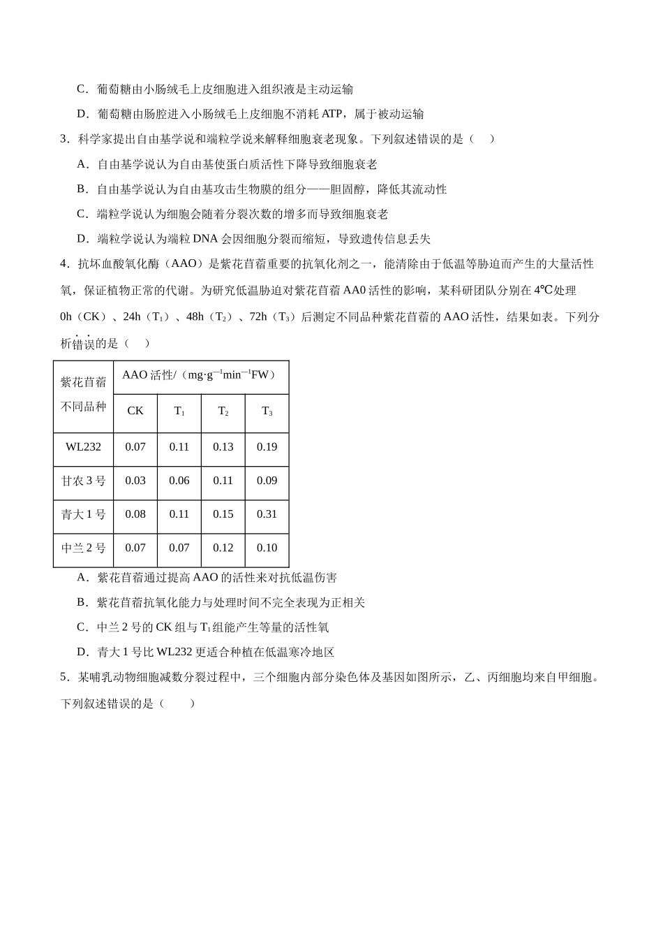 黄金卷（考试版）-2024年高考生物模拟卷（甘肃专用）.docx_第2页