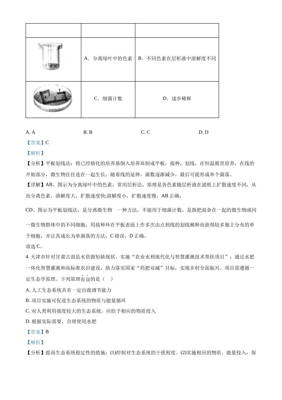 精品解析:2022年新教材天津生物高考试题(解析版).docx_第2页