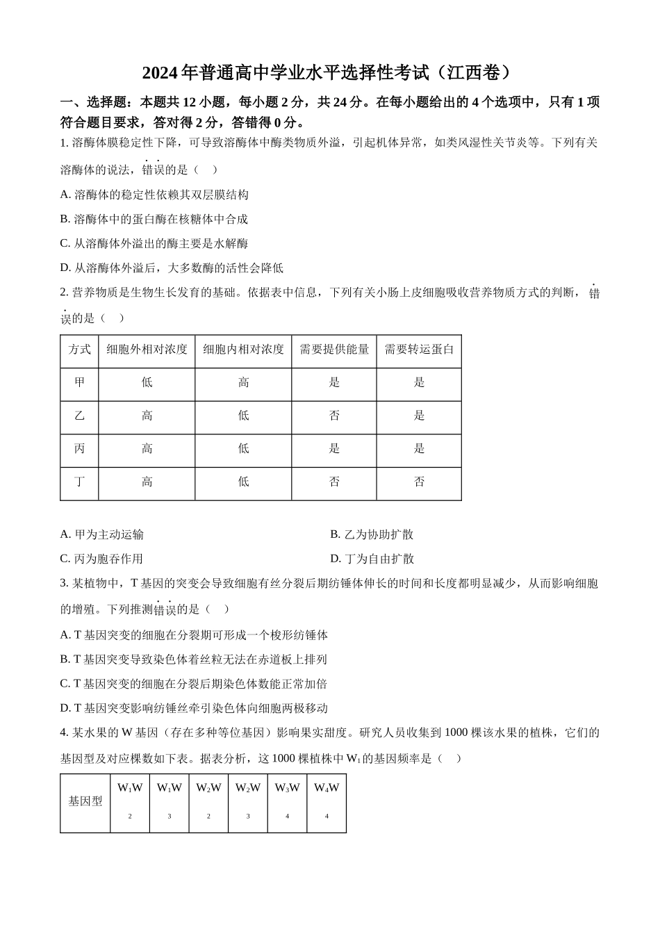 精品解析:2024年江西高考真题生物试卷(原卷版).docx_第1页