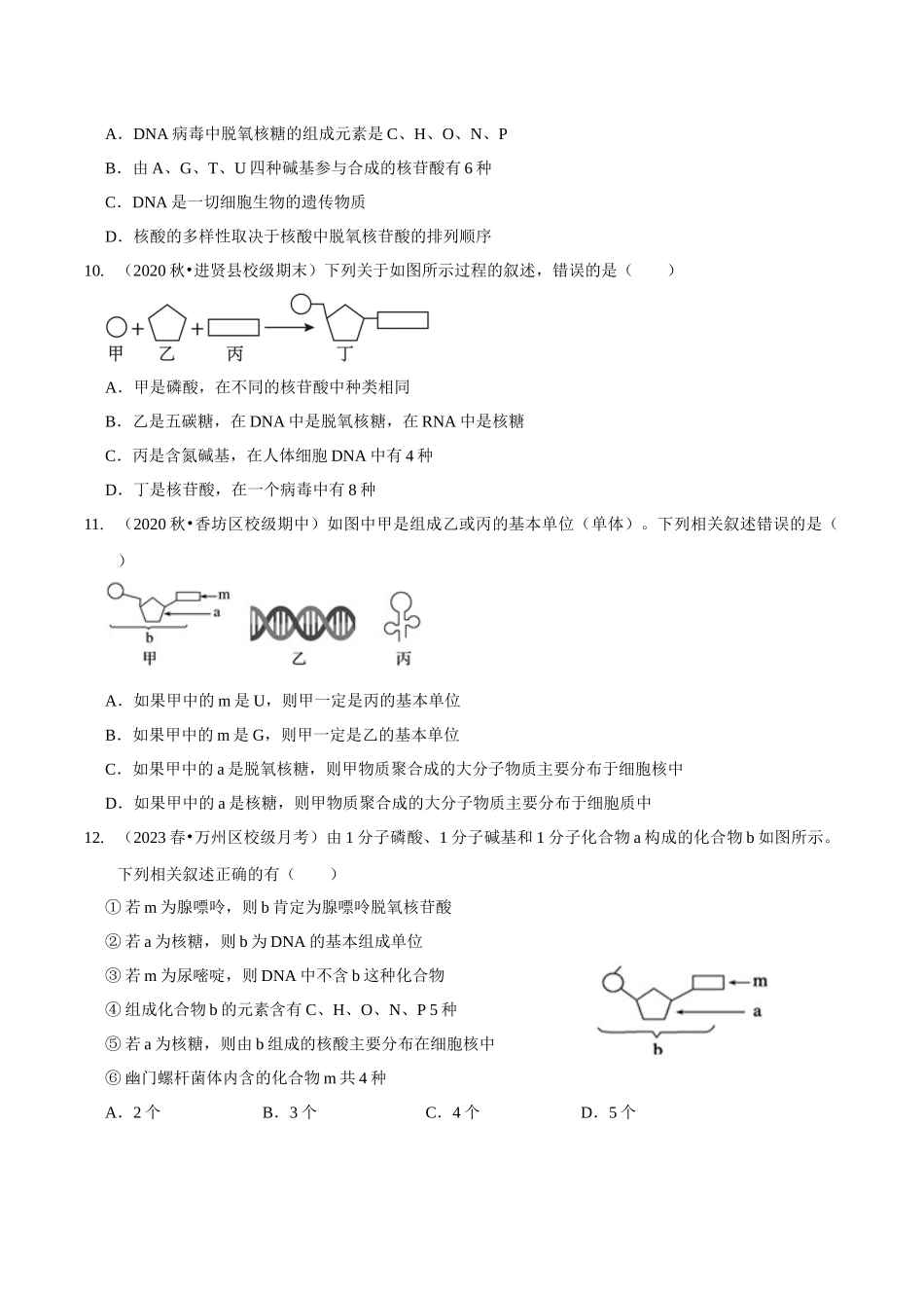 考点2 糖类、脂质、核酸的种类和作用(精练)(原卷版).docx_第3页