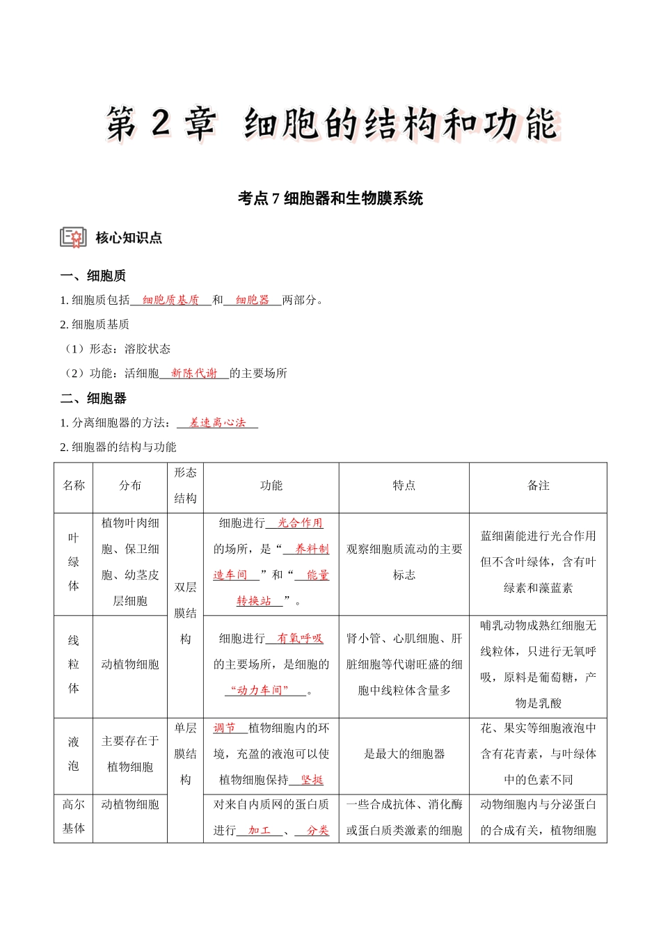 考点7 细胞器和生物膜系统(讲义)(解析版).docx_第1页