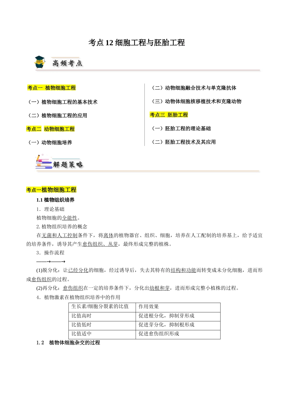 考点12 细胞工程与胚胎工程(原卷版).docx_第1页