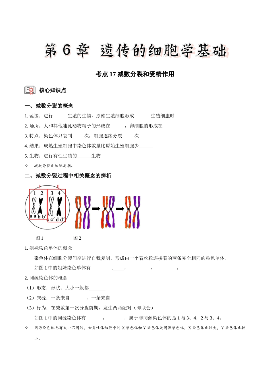 考点17 减数分裂和受精作用(讲义)(原卷版).docx_第1页