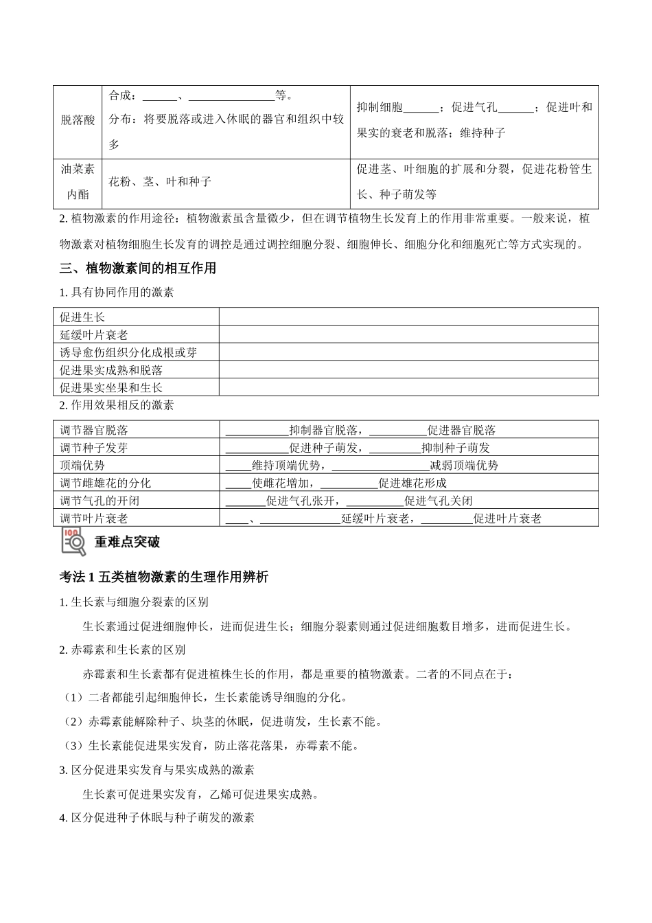 考点34&考点35 其他植物激素及应用植物生长调节剂的应用及环境因素对植物生命活动的调节（讲义）（原卷版）.docx_第2页