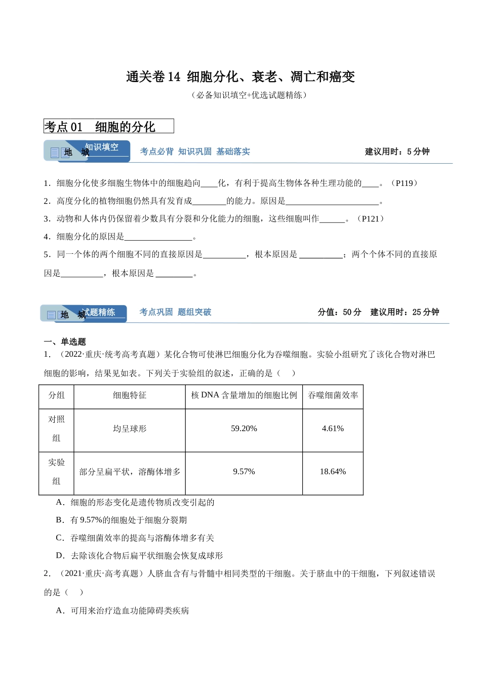 考点通关卷14 细胞分化、衰老、凋亡和癌变（原卷版）.docx_第1页