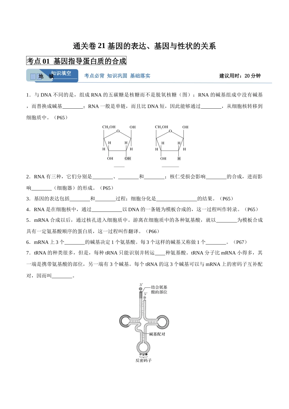 考点通关卷21 基因的表达、基因与性状的关系(学生版).docx_第1页