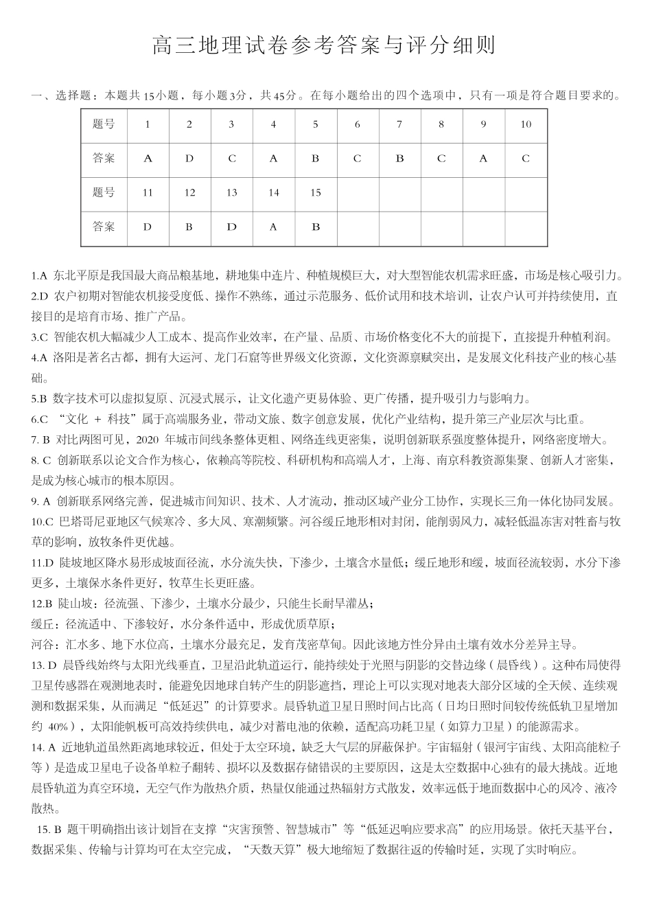 2026年5月高三下学期壮行考试地理答案.pdf_第1页