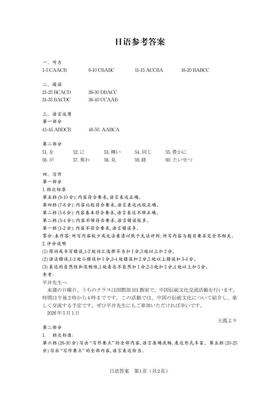 2026年5月高三最后一卷日语答案.pdf_第1页