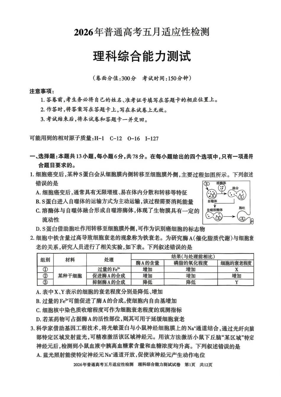 2026年普通高考五月适应性检测理综.pdf_第1页