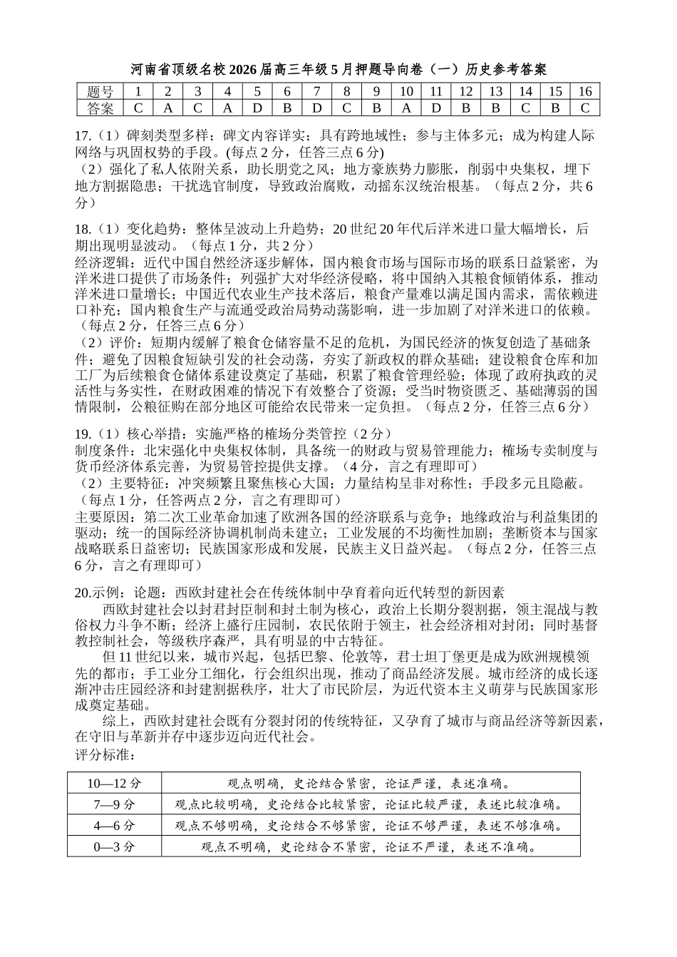 河南顶级名校2026届高三年级5月押题导向卷（一）历史答案.docx_第1页