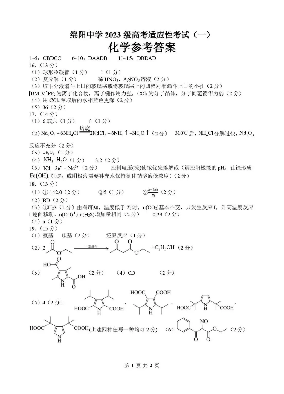 绵阳中学2023级高考适应性考试(一)化学答案.pdf_第1页