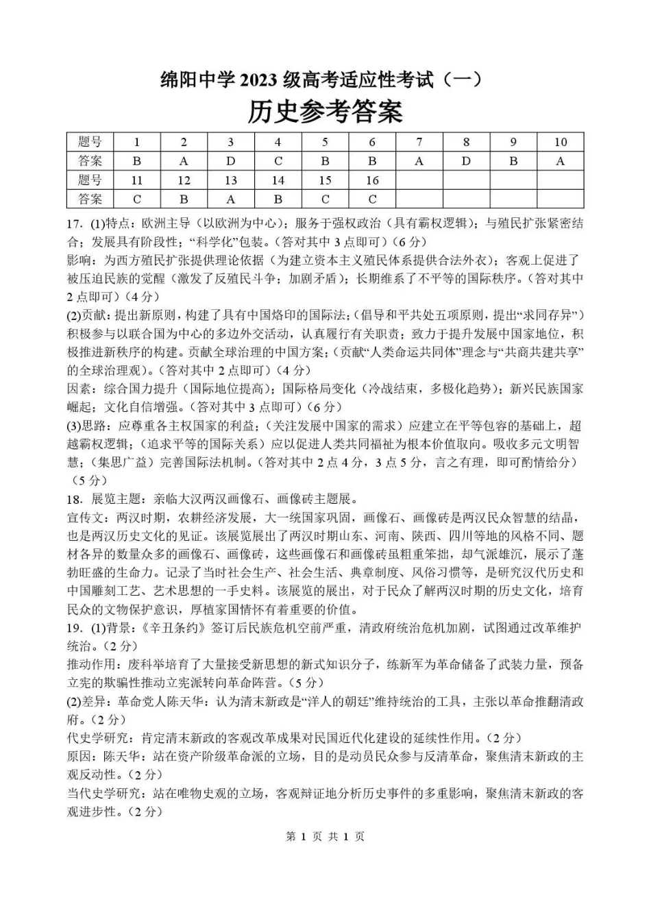 绵阳中学2023级高考适应性考试(一)历史答案.pdf_第1页